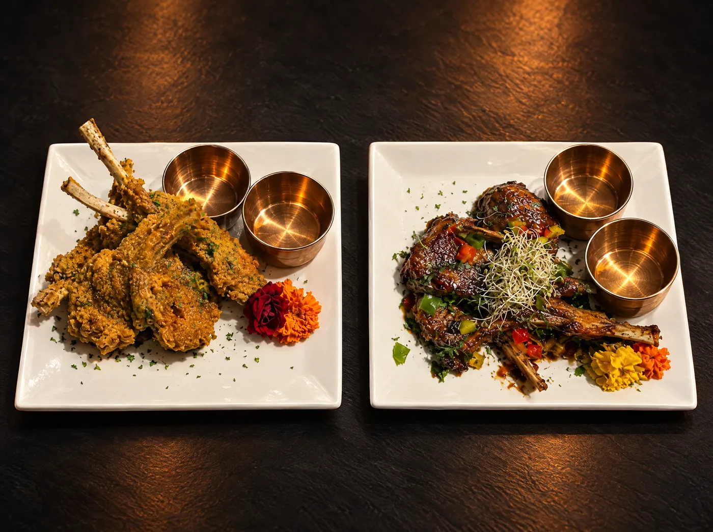 Two plates of lamb chops, glazed and fried, with copper dipping cups