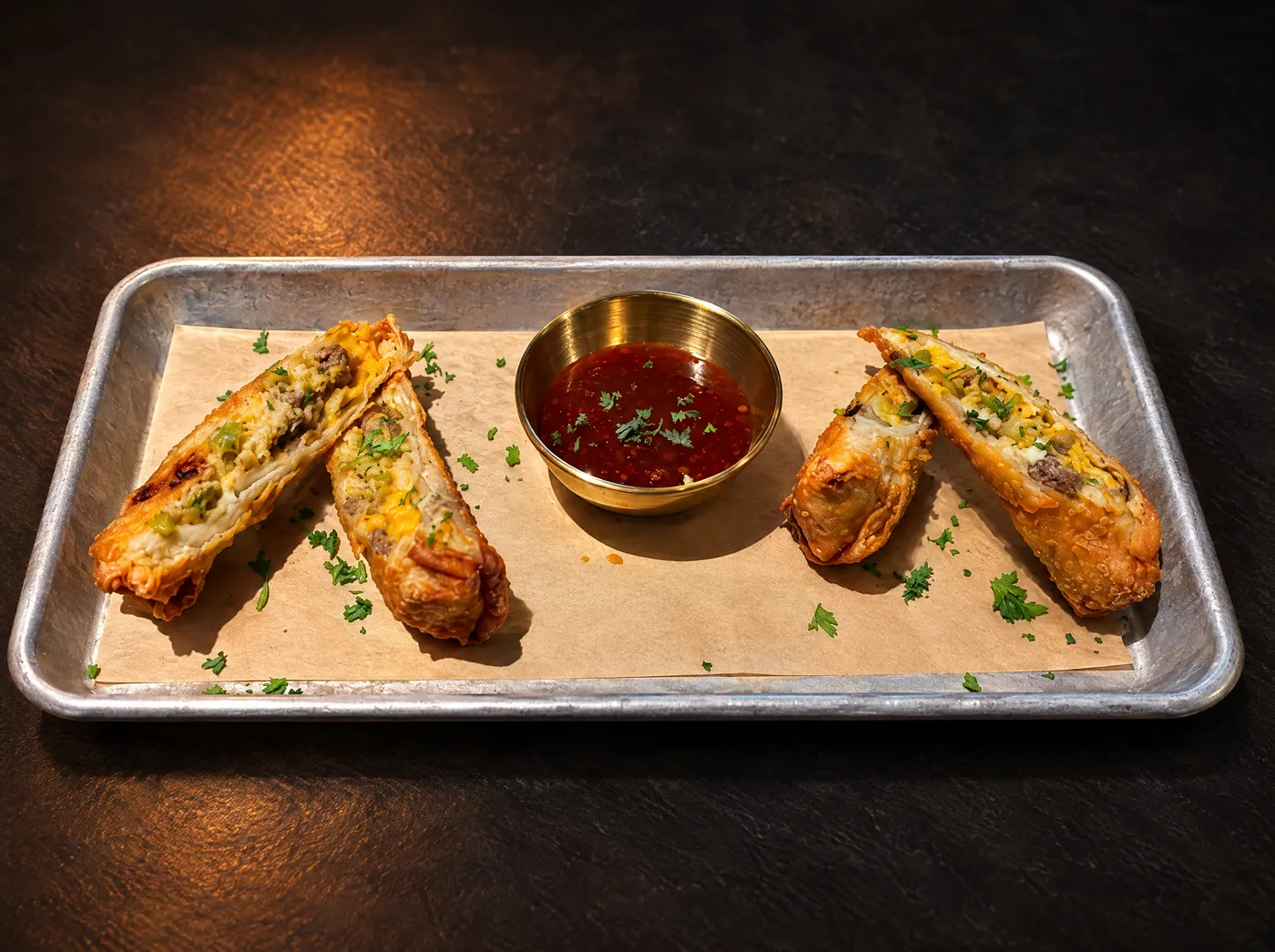 Philly cheesesteak egg rolls on a metal tray with sweet chili dipping sauce