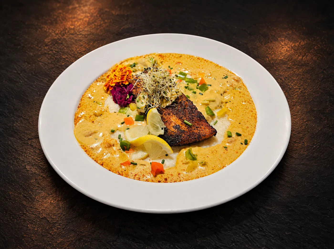 Blackened salmon over creamy grits with Cajun cream sauce and fresh sprouts
