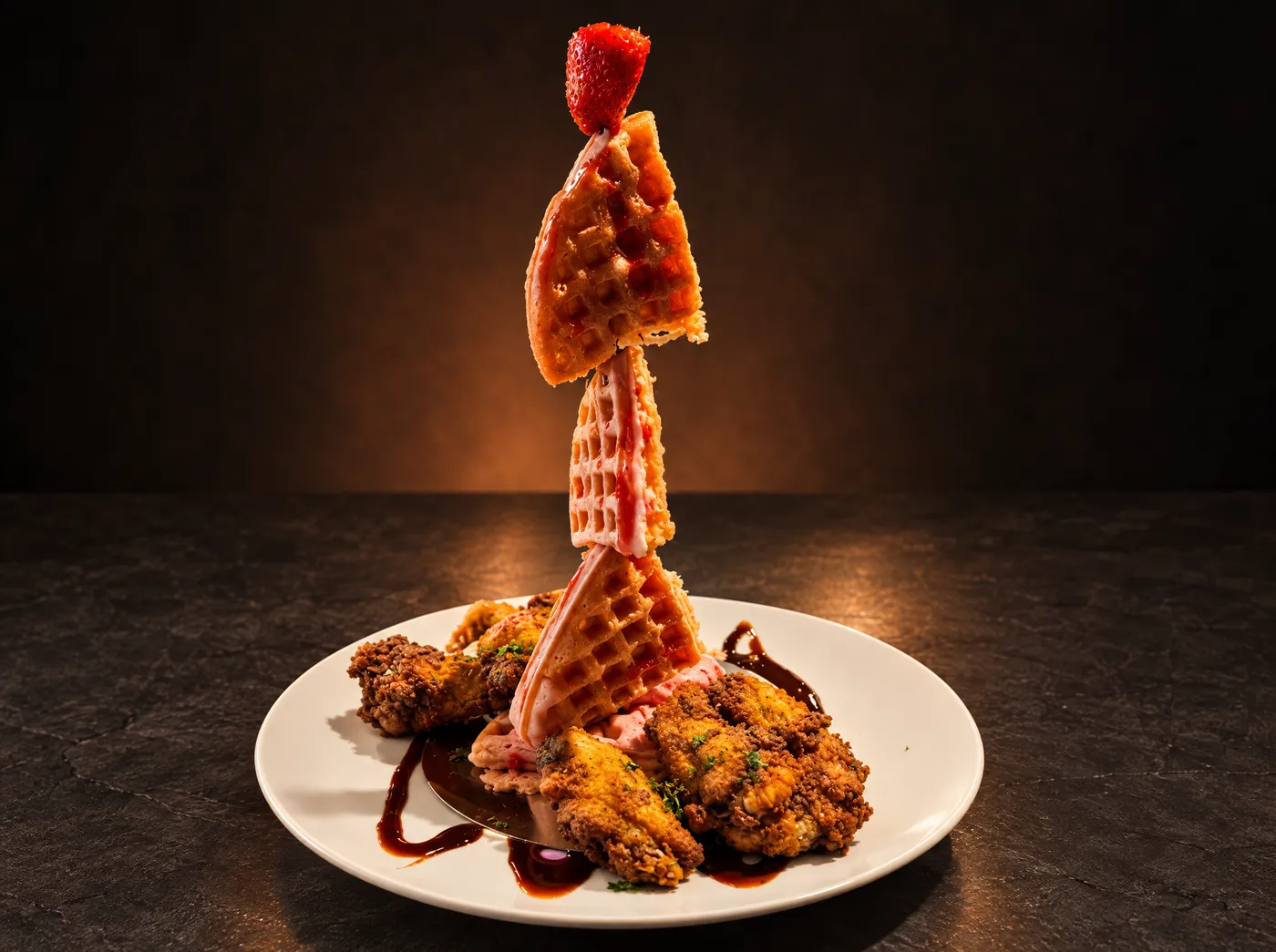 Waffle flight tower with strawberry sauce and fried chicken wings